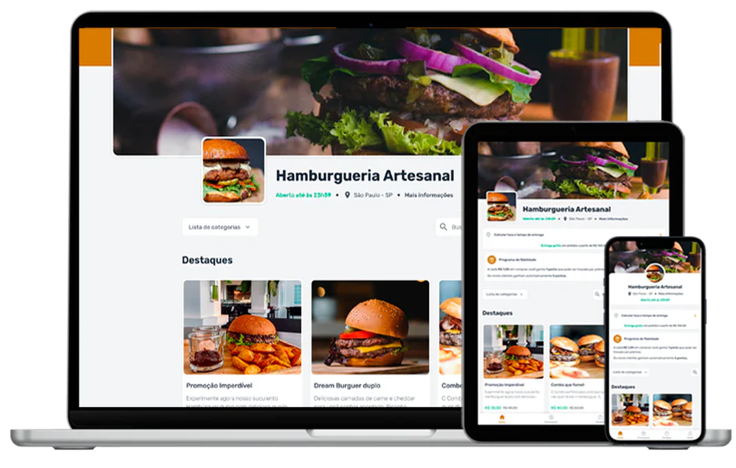 Cardápio digital responsivo em notebook, tablet e celular